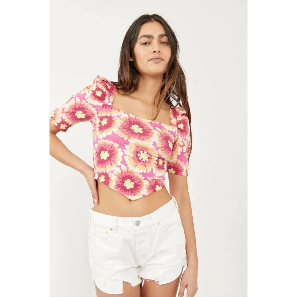 Free People Give Me More Cropped Blouse Top Criss-Cross Floral Printed M 233904
